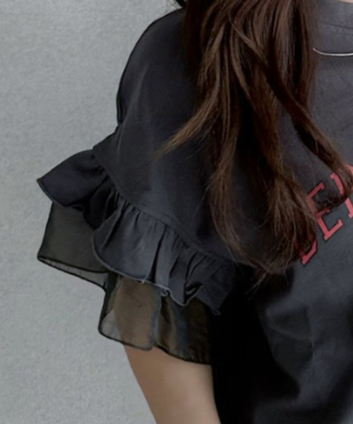umune(ウムネ)の「カレッジロゴ Tシャツ 半袖 フリル袖 異素材切り替え ロゴプリント カットソー トップス カジュアル 大人可愛い 夏(Tシャツ/カットソー・レディース・アイボリー/杢グレー/チャコールグレー・FREE)」の20枚目の写真
