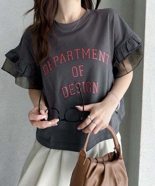 umune(ウムネ)の「カレッジロゴ Tシャツ 半袖 フリル袖 異素材切り替え ロゴプリント カットソー トップス カジュアル 大人可愛い 夏(Tシャツ/カットソー・レディース・アイボリー/杢グレー/チャコールグレー・FREE)」の19枚目の写真