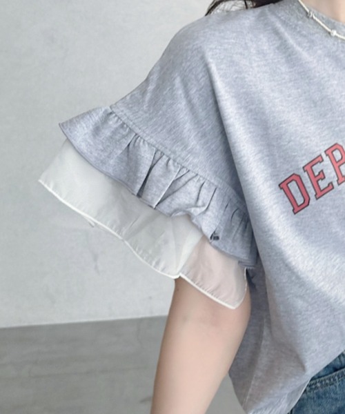 umune(ウムネ)の「カレッジロゴ Tシャツ 半袖 フリル袖 異素材切り替え ロゴプリント カットソー トップス カジュアル 大人可愛い 夏(Tシャツ/カットソー・レディース・アイボリー/杢グレー/チャコールグレー・FREE)」の22枚目の写真