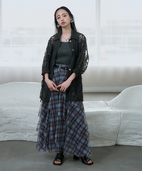 HARE（ハレ）の「2Pシアーチェックベスト＊ティアードスカート(HARE)（セットアップ・レディース・ブラック/ブルー・FREE）」の9枚目の写真