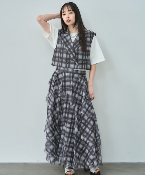 HARE（ハレ）の「2Pシアーチェックベスト＊ティアードスカート(HARE)（セットアップ・レディース・ブラック/ブルー・FREE）」の10枚目の写真