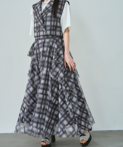 HARE（ハレ）の「2Pシアーチェックベスト＊ティアードスカート(HARE)（セットアップ・レディース・ブラック/ブルー・FREE）」の12枚目の写真