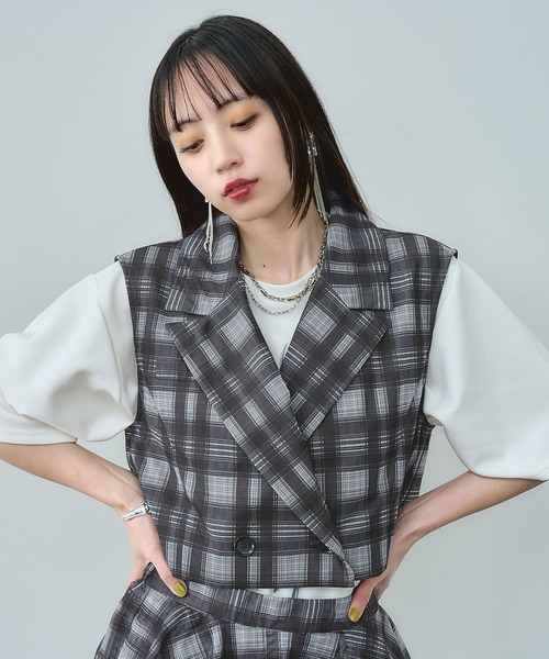 HARE（ハレ）の「2Pシアーチェックベスト＊ティアードスカート(HARE)（セットアップ・レディース・ブラック/ブルー・FREE）」の13枚目の写真