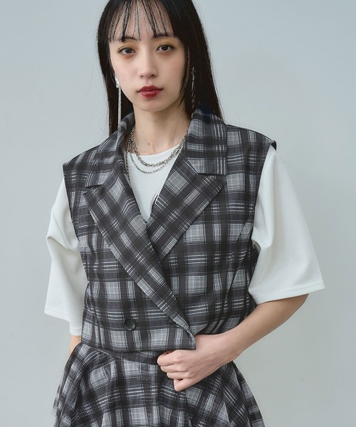 HARE（ハレ）の「2Pシアーチェックベスト＊ティアードスカート(HARE)（セットアップ・レディース・ブラック/ブルー・FREE）」の14枚目の写真