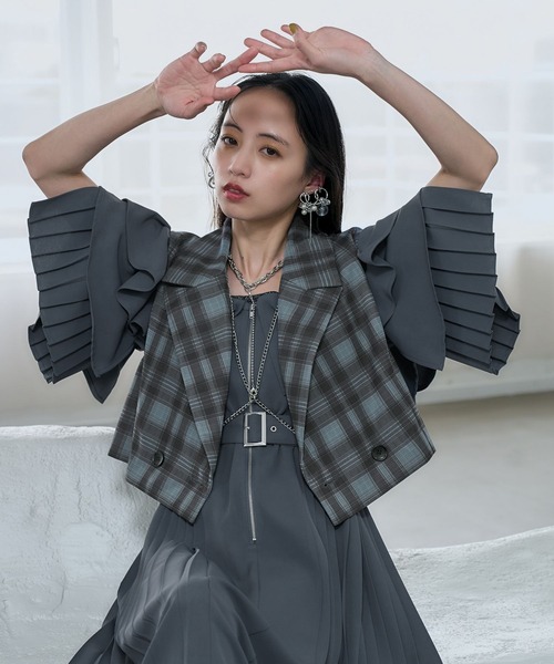 HARE（ハレ）の「2Pシアーチェックベスト＊ティアードスカート(HARE)（セットアップ・レディース・ブラック/ブルー・FREE）」の17枚目の写真