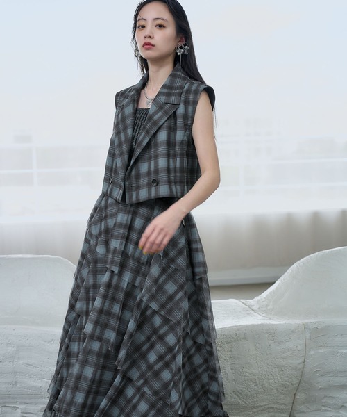 HARE（ハレ）の「2Pシアーチェックベスト＊ティアードスカート(HARE)（セットアップ・レディース・ブラック/ブルー・FREE）」の18枚目の写真