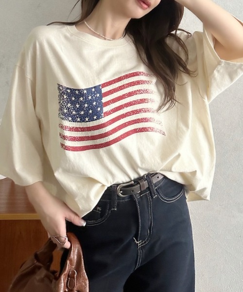 Eclat one（エクラワン）の「【Eclat one】 ヴィンテージライク USA フラッグ BIG Tシャツ（Tシャツ/カットソー・レディース・チャコール/ネイビー/アイボリー・FREE）」の2枚目の写真