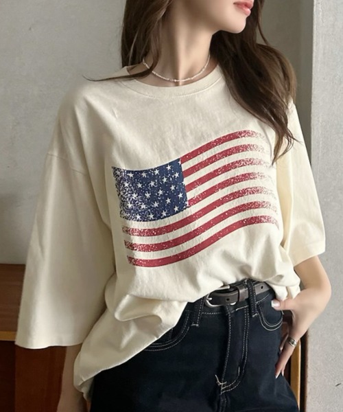 Eclat one（エクラワン）の「【Eclat one】 ヴィンテージライク USA フラッグ BIG Tシャツ（Tシャツ/カットソー・レディース・チャコール/ネイビー/アイボリー・FREE）」の17枚目の写真