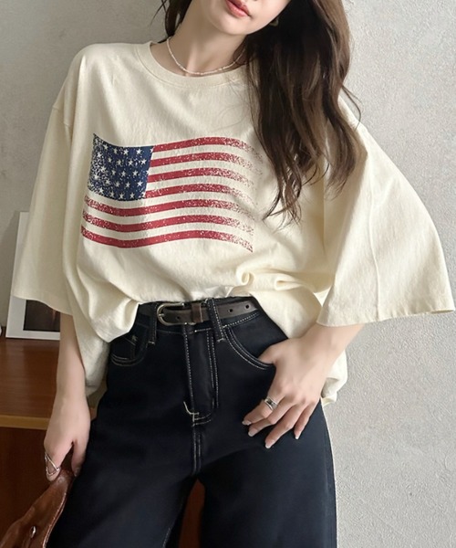 Eclat one（エクラワン）の「【Eclat one】 ヴィンテージライク USA フラッグ BIG Tシャツ（Tシャツ/カットソー・レディース・チャコール/ネイビー/アイボリー・FREE）」の19枚目の写真