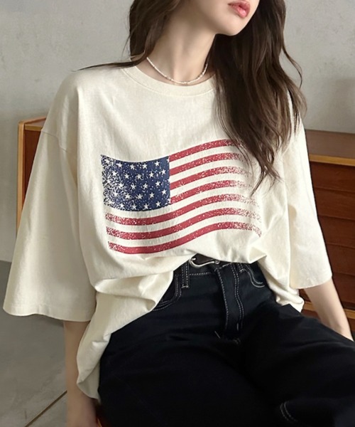 Eclat one（エクラワン）の「【Eclat one】 ヴィンテージライク USA フラッグ BIG Tシャツ（Tシャツ/カットソー・レディース・チャコール/ネイビー/アイボリー・FREE）」の20枚目の写真