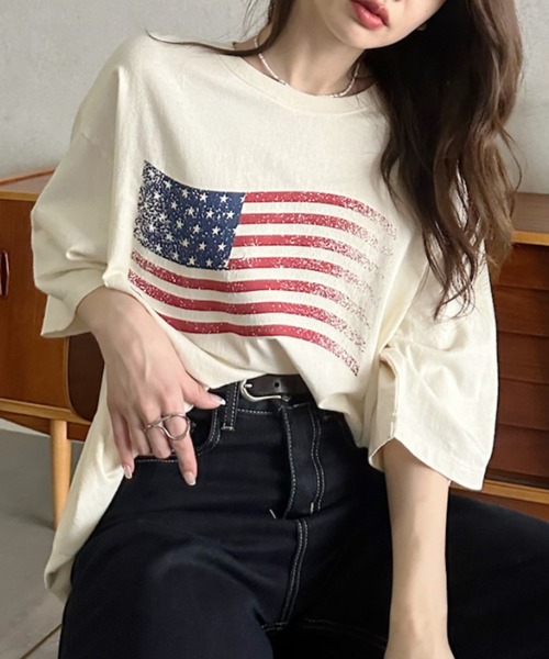 Eclat one（エクラワン）の「【Eclat one】 ヴィンテージライク USA フラッグ BIG Tシャツ（Tシャツ/カットソー・レディース・チャコール/ネイビー/アイボリー・FREE）」の7枚目の写真