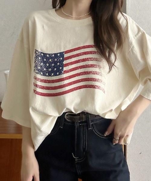 Eclat one（エクラワン）の「【Eclat one】 ヴィンテージライク USA フラッグ BIG Tシャツ（Tシャツ/カットソー・レディース・チャコール/ネイビー/アイボリー・FREE）」の8枚目の写真