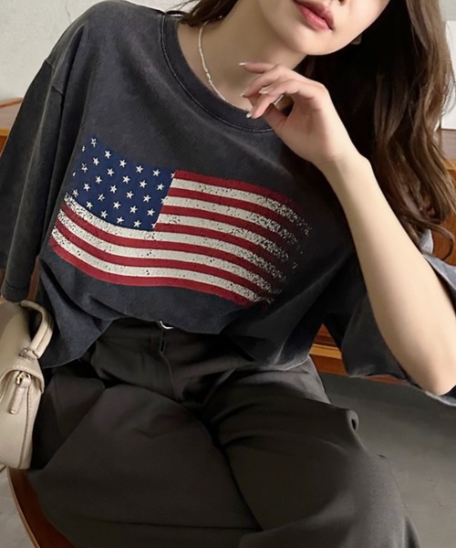 Eclat one（エクラワン）の「【Eclat one】 ヴィンテージライク USA フラッグ BIG Tシャツ（Tシャツ/カットソー・レディース・チャコール/ネイビー/アイボリー・FREE）」の9枚目の写真