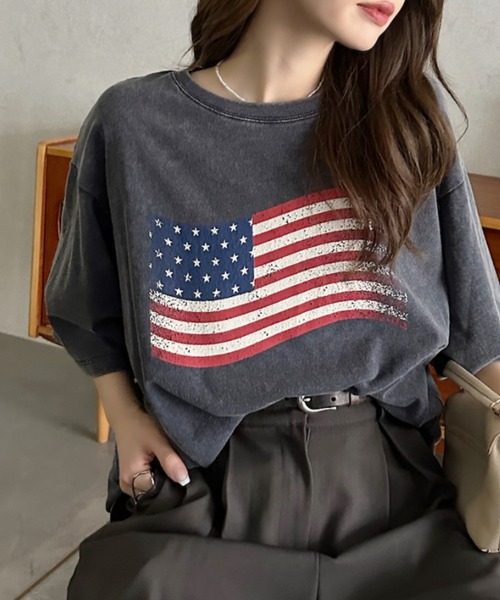 Eclat one（エクラワン）の「【Eclat one】 ヴィンテージライク USA フラッグ BIG Tシャツ（Tシャツ/カットソー・レディース・チャコール/ネイビー/アイボリー・FREE）」の14枚目の写真