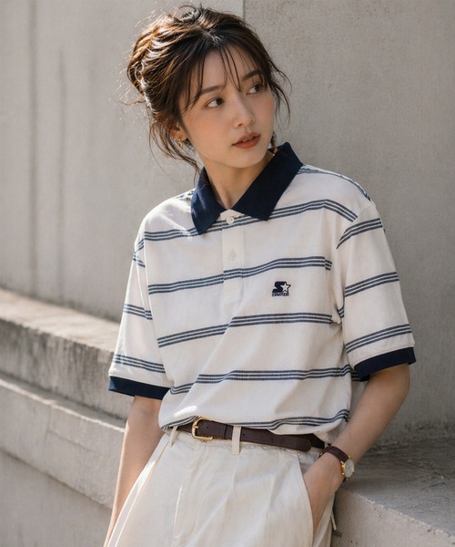 STARTER BLACK LABEL(スターターブラックレーベル)の「【karlas別注】STARTER BLACK LABEL スターター ブラックレーベル ボーダーポロシャツ 鹿の子 ワンポイント 半袖ポロ(ポロシャツ・メンズ・ホワイト/ブラウン/ネイビー・M/L/LL)」の1枚目の写真