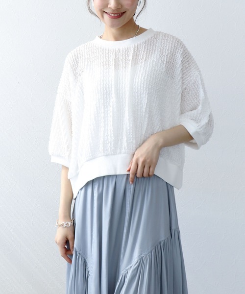 Jines(ジネス)の「ラッセルレースリラックストップス(ニット/セーター・レディース・ネイビー/ホワイト・38)」の2枚目の写真