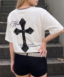 【NYS】カモフラ柄 クロスワッペン スタッズ ヘンリーネック半袖Tシャツ ショート丈