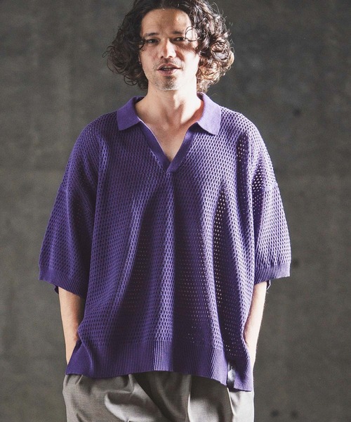 GLIMCLAP(グリムクラップ)の「mhs2615- Sheer Texture Skipper Polo スキッパーポロシャツ(202-039-gls-cg)(ポロシャツ・メンズ・パープル/オフホワイト/チャコールグレー/ブラック・S/M/L)」の5枚目の写真