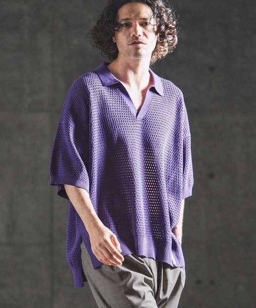 GLIMCLAP(グリムクラップ)の「mhs2615- Sheer Texture Skipper Polo スキッパーポロシャツ(202-039-gls-cg)(ポロシャツ・メンズ・パープル/オフホワイト/チャコールグレー/ブラック・S/M/L)」の6枚目の写真