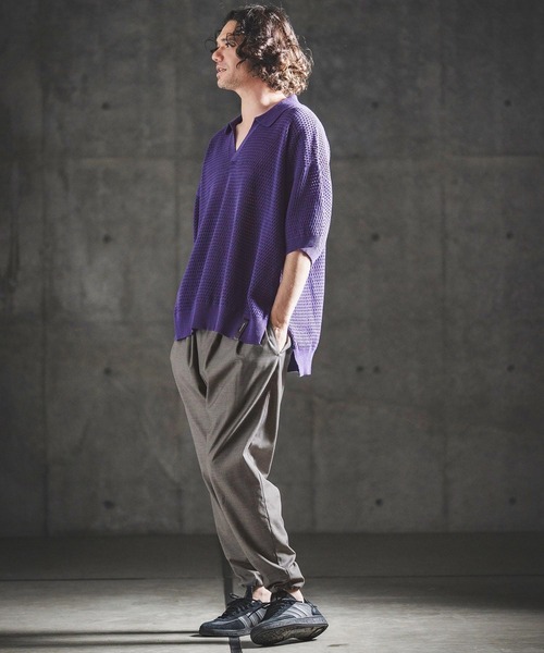 GLIMCLAP(グリムクラップ)の「mhs2615- Sheer Texture Skipper Polo スキッパーポロシャツ(202-039-gls-cg)(ポロシャツ・メンズ・パープル/オフホワイト/チャコールグレー/ブラック・S/M/L)」の8枚目の写真