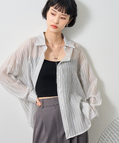 NOGLE(ノグル)の「【NOGLE select/ノグルセレクト】シアーストライプオーバーシャツ(シャツ/ブラウス・レディース・ベージュ/ピンク/グレー/ブルー・FREE)」の2枚目の写真