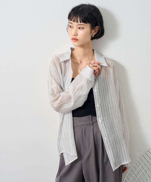 NOGLE(ノグル)の「【NOGLE select/ノグルセレクト】シアーストライプオーバーシャツ(シャツ/ブラウス・レディース・ベージュ/ピンク/グレー/ブルー・FREE)」の7枚目の写真