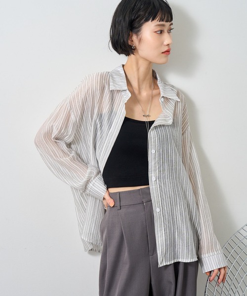 NOGLE(ノグル)の「【NOGLE select/ノグルセレクト】シアーストライプオーバーシャツ(シャツ/ブラウス・レディース・ベージュ/ピンク/グレー/ブルー・FREE)」の5枚目の写真