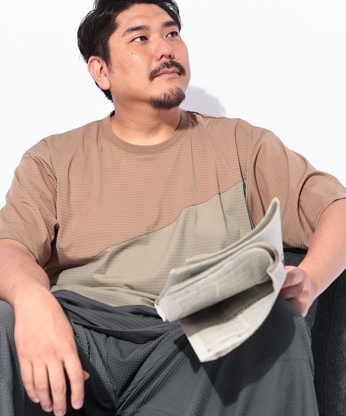 B&T CLUB(ビーティークラブ)の「Tシャツ 半袖 メンズ 大きいサイズ COOL&SPAN ジャガード ライン切替 クルーネック カットソー B&T CLUB (ビーアンドティークラブ)(Tシャツ/カットソー・メンズ・ダークグレー/ベージュ・X1(3L~4L)/X2(4L~5L)/X3(6L~7L)/X4(8L~9L))」の14枚目の写真
