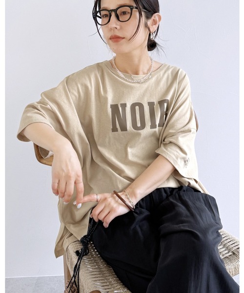 reca（レカ）の「【接触冷感】ワイドシルエット六分袖ロゴTシャツ（Tシャツ/カットソー・レディース・グレイッシュベージュ/ピンク系その他/ブラック・FREE）」の2枚目の写真