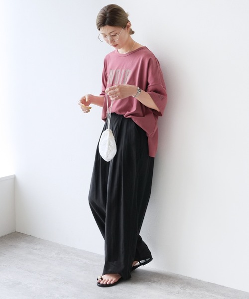 reca（レカ）の「【接触冷感】ワイドシルエット六分袖ロゴTシャツ（Tシャツ/カットソー・レディース・グレイッシュベージュ/ピンク系その他/ブラック・FREE）」の18枚目の写真