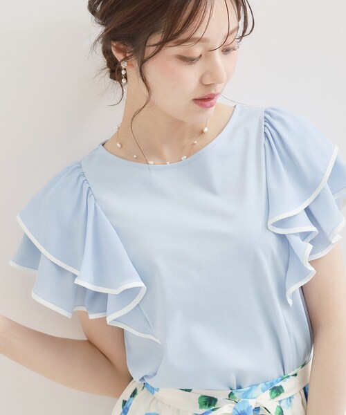 couture brooch（クチュールブローチ）の「【接触冷感・UVカット・洗える】ラッフル フレアスリーブ トップス（Tシャツ/カットソー・レディース・ホワイト系7/ブラック系4/サックスブルー系4/ベージュ系その他7・42/40/38/36）」の16枚目の写真