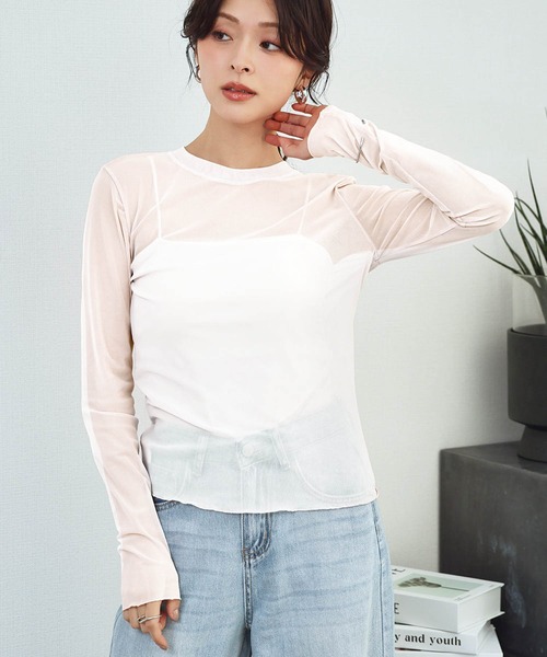 LOWO(ロワ)の「シアートップス 長袖 シースルートップス レイヤードトップス《着用動画あり》(Tシャツ/カットソー・レディース・ブラック/ホワイト/ブラウン/アイボリー/ブルー/グリーン/ピンク・FREE)」の2枚目の写真