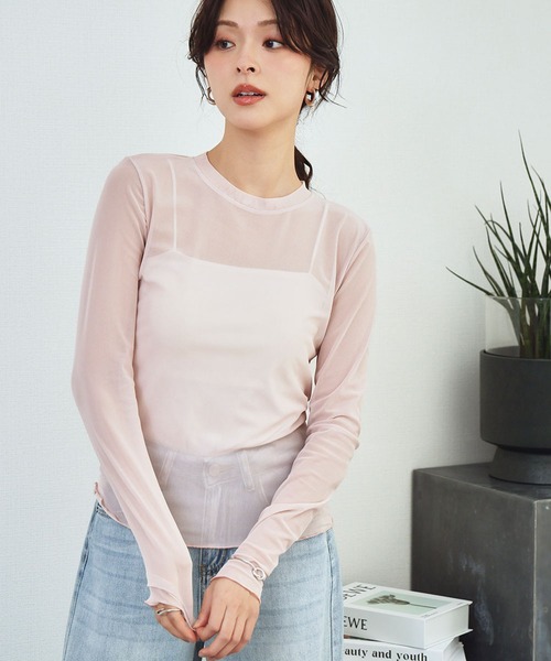 LOWO(ロワ)の「シアートップス 長袖 シースルートップス レイヤードトップス《着用動画あり》(Tシャツ/カットソー・レディース・ブラック/ホワイト/ブラウン/アイボリー/ブルー/グリーン/ピンク・FREE)」の7枚目の写真
