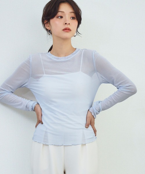 LOWO(ロワ)の「シアートップス 長袖 シースルートップス レイヤードトップス《着用動画あり》(Tシャツ/カットソー・レディース・ブラック/ホワイト/ブラウン/アイボリー/ブルー/グリーン/ピンク・FREE)」の11枚目の写真