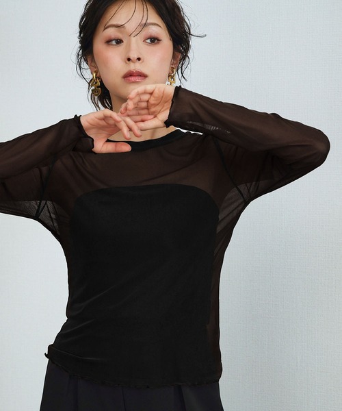 LOWO(ロワ)の「シアートップス 長袖 シースルートップス レイヤードトップス《着用動画あり》(Tシャツ/カットソー・レディース・ブラック/ホワイト/ブラウン/アイボリー/ブルー/グリーン/ピンク・FREE)」の14枚目の写真