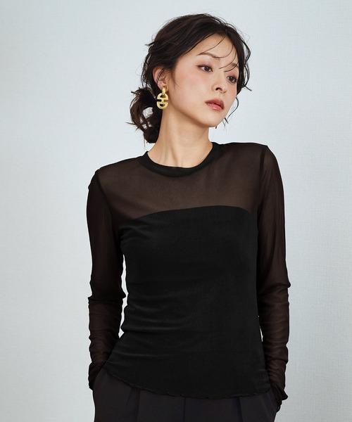LOWO(ロワ)の「シアートップス 長袖 シースルートップス レイヤードトップス《着用動画あり》(Tシャツ/カットソー・レディース・ブラック/ホワイト/ブラウン/アイボリー/ブルー/グリーン/ピンク・FREE)」の8枚目の写真