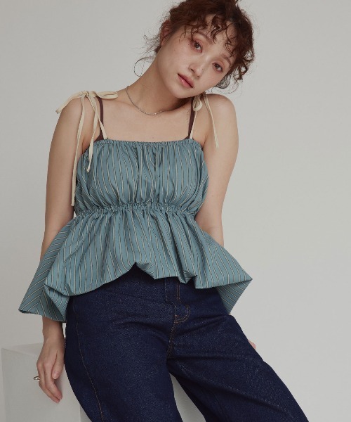 W:Huku(フーク)の「【W:Huku / ブロードストライプ】ペプラム キャミソール / Broad-Striped Peplum Camisole(キャミソール・レディース・ブルー/ブラウン/ブラック・FREE)」の3枚目の写真