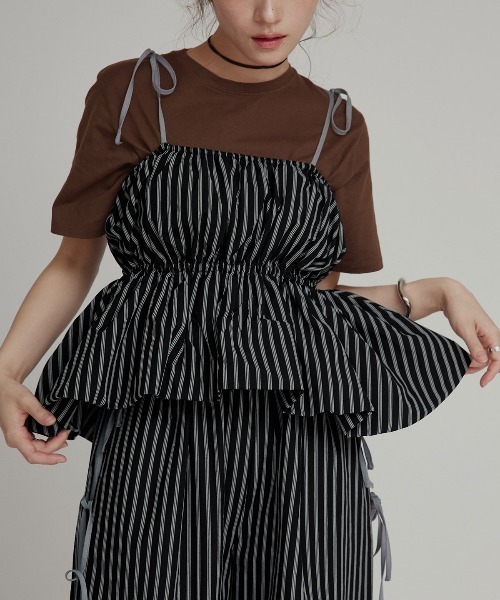 W:Huku(フーク)の「【W:Huku / ブロードストライプ】ペプラム キャミソール / Broad-Striped Peplum Camisole(キャミソール・レディース・ブルー/ブラウン/ブラック・FREE)」の1枚目の写真