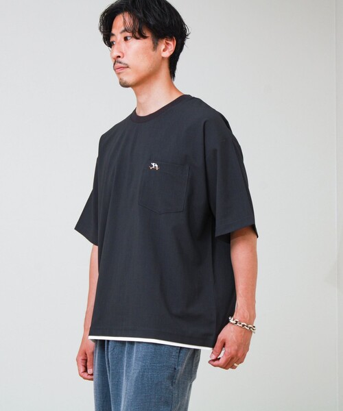 GLOSTER(グロスター)の「【フレブル刺繍/セットアップ対応】カラミ織りTEE フェイクレイヤード(Tシャツ/カットソー・メンズ・チャコールグレー/ブラック/グレイッシュベージュ・S/L/M)」の7枚目の写真