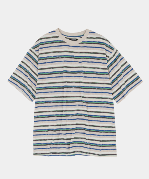 LETTERCOMO(レテルコモ)の「エビニュー ストライプ ハーフスリーブ 半袖Tシャツ ブルーグリーン(Tシャツ/カットソー・メンズ・ブルー・MEDIUM/LARGE/X-LARGE)」の1枚目の写真