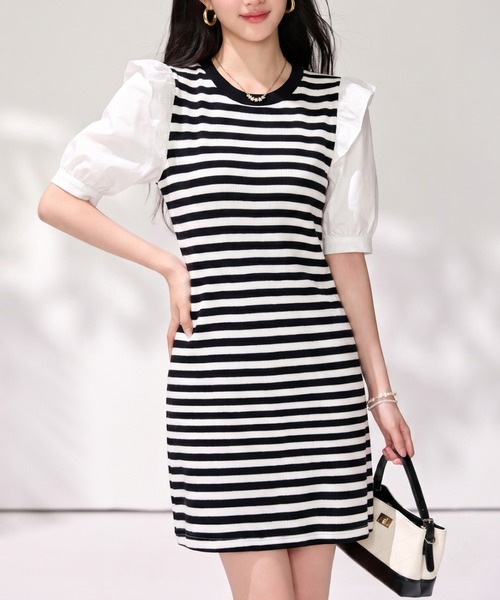 LUCPY(ラクピー)の「異素材ドッキングボーダーワンピース(ワンピース・レディース・ホワイト×ブラック・X-LARGE/SMALL/LARGE/MEDIUM)」の1枚目の写真