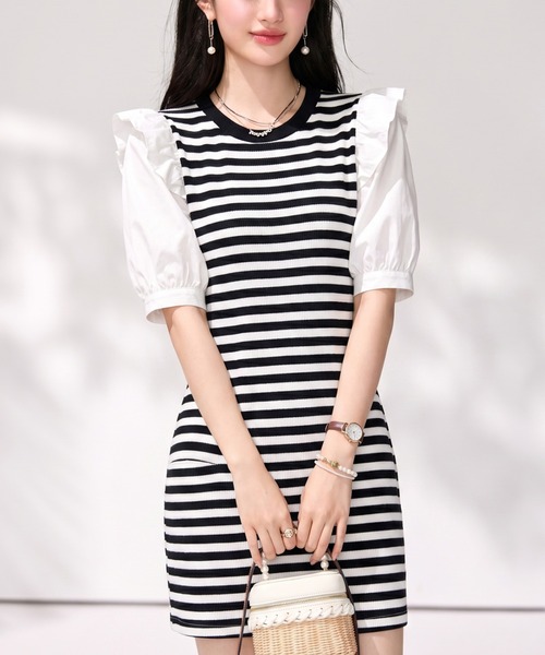 LUCPY(ラクピー)の「異素材ドッキングボーダーワンピース(ワンピース・レディース・ホワイト×ブラック・X-LARGE/SMALL/LARGE/MEDIUM)」の2枚目の写真