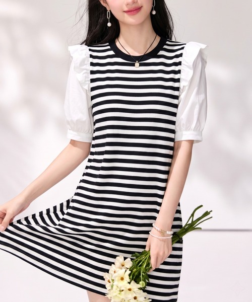 LUCPY(ラクピー)の「異素材ドッキングボーダーワンピース(ワンピース・レディース・ホワイト×ブラック・X-LARGE/SMALL/LARGE/MEDIUM)」の3枚目の写真