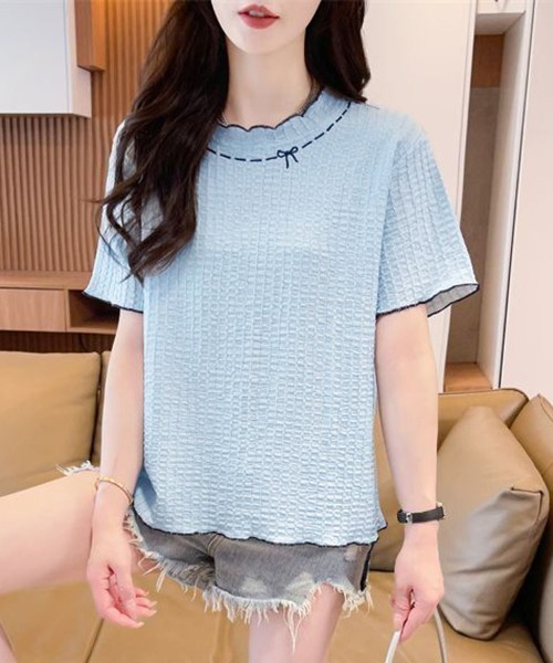 shoppinggo（ショッピングゴー）の「夏服Tシャツ レディース トップス クールネック 半袖Tシャツ 無地 シンプル 韓国ファッション（Tシャツ/カットソー・レディース・ブルー/ピンク/ベージュ・M）」の3枚目の写真