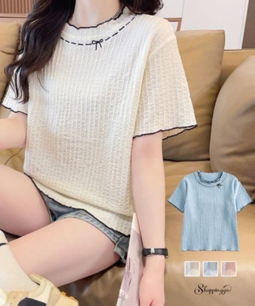 shoppinggo（ショッピングゴー）の「夏服Tシャツ レディース トップス クールネック 半袖Tシャツ 無地 シンプル 韓国ファッション（Tシャツ/カットソー・レディース・ブルー/ピンク/ベージュ・M）」の19枚目の写真