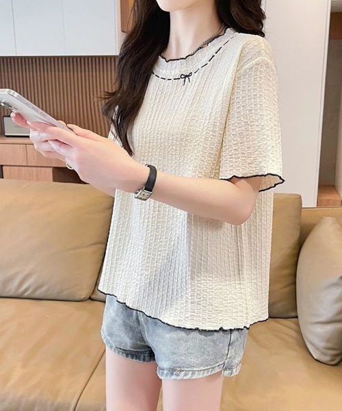 shoppinggo（ショッピングゴー）の「夏服Tシャツ レディース トップス クールネック 半袖Tシャツ 無地 シンプル 韓国ファッション（Tシャツ/カットソー・レディース・ブルー/ピンク/ベージュ・M）」の22枚目の写真