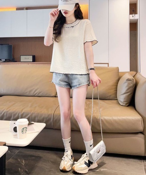 shoppinggo（ショッピングゴー）の「夏服Tシャツ レディース トップス クールネック 半袖Tシャツ 無地 シンプル 韓国ファッション（Tシャツ/カットソー・レディース・ブルー/ピンク/ベージュ・M）」の13枚目の写真