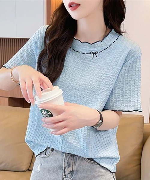 shoppinggo（ショッピングゴー）の「夏服Tシャツ レディース トップス クールネック 半袖Tシャツ 無地 シンプル 韓国ファッション（Tシャツ/カットソー・レディース・ブルー/ピンク/ベージュ・M）」の16枚目の写真