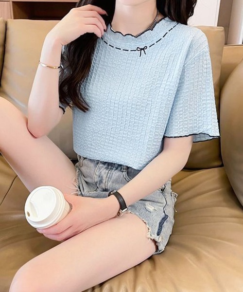 shoppinggo（ショッピングゴー）の「夏服Tシャツ レディース トップス クールネック 半袖Tシャツ 無地 シンプル 韓国ファッション（Tシャツ/カットソー・レディース・ブルー/ピンク/ベージュ・M）」の7枚目の写真