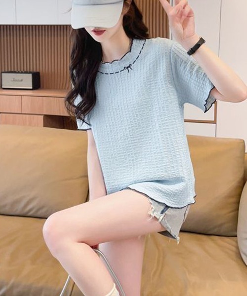 shoppinggo（ショッピングゴー）の「夏服Tシャツ レディース トップス クールネック 半袖Tシャツ 無地 シンプル 韓国ファッション（Tシャツ/カットソー・レディース・ブルー/ピンク/ベージュ・M）」の8枚目の写真
